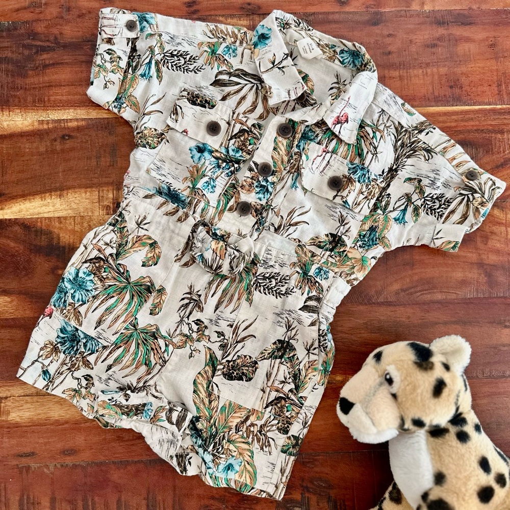 Banana Republic Baby Romper. 100% Linen 6-12 Months. Ivory/ Tropical Print